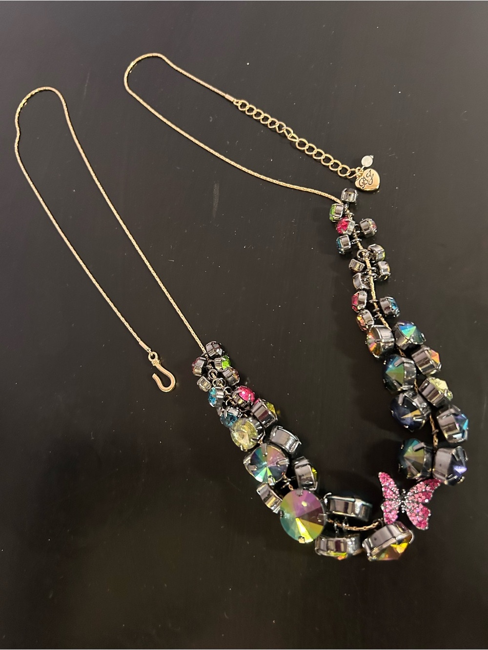 Betsey Johnson Gold-Tone Multicolor Crystal Necklace with Pink Butterfly Accent